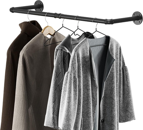 Industrial Pipe Wall Mounted Clothing Rack, Heavy Duty Space-Saving Garment Bar Rack, Detachable Multi-Purpose Hanging