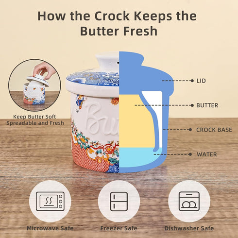 Counter, Butter Crock with Water Line, Ceramic Butter Keeper for French Butter Dish with Lid for Spreadable Fresh
