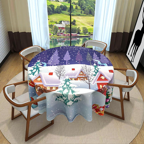 VVA Round Christmas Tablecloth - Winter Snowman Xmas Tree Santa Sleigh Holiday Decor 50 Inch for Family Gatherings