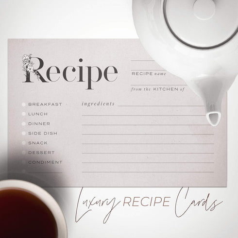 Rustic Vintage Floral Recipe Cards: 48 Cards, 4x6 inches, Beige-Grey, Water-Resistant and Double-Sided
