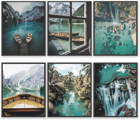 HoozGee Nature Landscape Wall Art Prints, Mountain Decor Canvas Posters, Lake Boat Photography Art for Home Bedroom