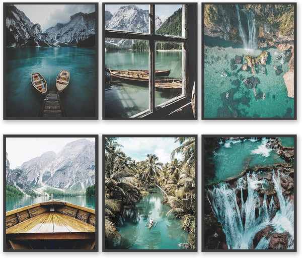 HoozGee Nature Landscape Wall Art Prints, Mountain Decor Canvas Posters, Lake Boat Photography Art for Home Bedroom