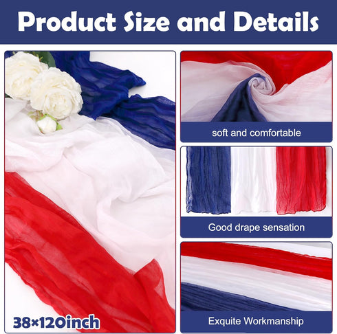 RunNico 4 120 38 Inch 4th PCS Patriotic Cheese Cloth Table Runner, x of July Sheer Fabric Table Runner, Red White
