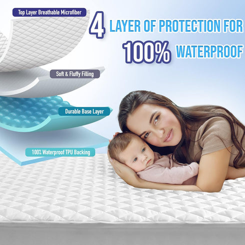 21" HYLEORY Full XL Size Waterproof Mattress Pad Protector, Breathable Quilted Mattress Cover Noiseless Waterproof