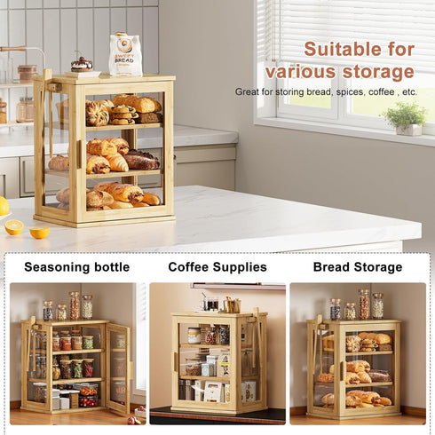 Countertop, 3 WOWLIVE Bamboo Bread Box for Kitchen Large Layers Bread Storage Container for Homemade Bread with Window