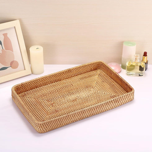 Hipiwe Decor,14.8"x 9.0"x1.8" Rattan Serving Tray Large Wicker Storage Basket Tray for Organizing Rectangular