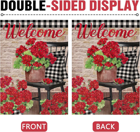 Welcome Spring Geranium Red Flower Decorative House Flag, Black White Buffalo Plaid Floral Pot Chair Garden Decor 28x40