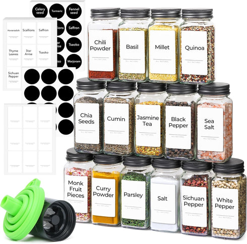 ComSaf 15Pcs 4oz Glass Spice Jars with Metal Lids, 93 Labels, Funnel, Grinder, Shaker Cap for Kitchen