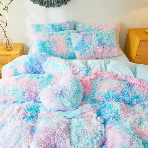 Set 2-Piece Set (1 1 Cozy Set Besfunny Shaggy Fluffy Tie Dye Light Blue Comforter Cover Twin Faux Fur Shaggy Tie Dye