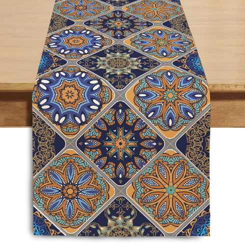 Winotic Boho Bohemian Table Runner 90 Inches Long, Vintage Seasonal Blue Table Runners