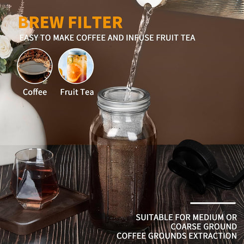 Cold Brew Coffee Maker Pitcher, 32oz Thick Glass Mason Jar with Spout Lid, Stainless Steel Filter for Iced Brew Coffee