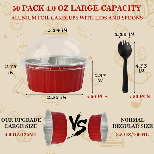 Baking Cups With Lids, BAKINGPAK 50PCS 4OZ Mini Aluminum Pans with Lids Mini Cake Pans With Lids Disposable Ramekins Individual Cake Pans with Lids Cupcake Liners for Children Party Birthday, Red by BAKINGPAK