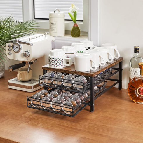IBUYKE 2-Tier Coffee Pod Drawer Holder, Compact Storage Organizer for Nespresso Capsule Pods, Rustic Brown