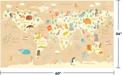 3x5 Hazo Haus Animal World Map Bedroom Rug for Kids Soft Educational Play Mat with Cute Animals by Continent, Washable