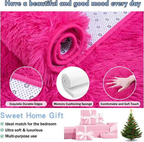 Ultra Soft Fluffy Hot Pink Rugs, 4x6 Feet Shag Area Rug for Bedroom and Living Room Decor