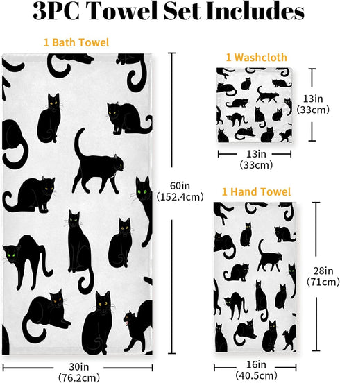 3 Sets, 1 1 1 Set Black Cats Piece Towel Bathroom Bath Towel, Washcloth, Hand Towel, Cotton Fast Dry Soft Absorbent