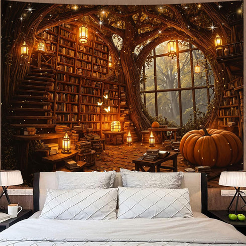 Lunerfex Enchanted Library Tapestry - Treehouse Bookshelf and Magic Lights Wall Hanging -