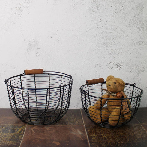 Country Set 2. CVHOMEDECO. Metal Wire Egg Baskets Wire Fruit Baskets with Wooden Handle Vintage Style Storage Baskets.