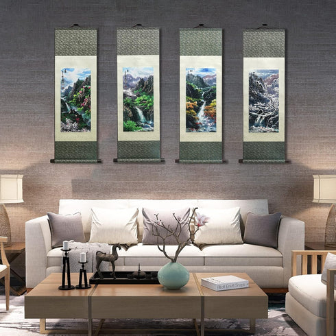 AtfArt Asian Wall Decor, Beautiful Silk Scroll Painting, Four Seasons Landscape, 36.2 x 12in Autumn Oriental Decor