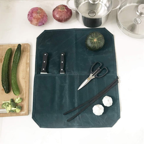 Denifiter Heavy Duty Waxed Canvas Chef Knife Storage Roll Bag, Waterproof and Durable (Dark Green)