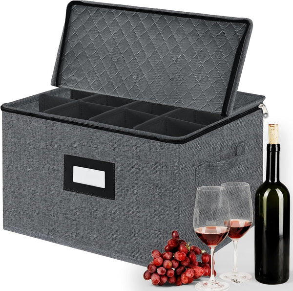 Stemware Storage Cases, Quilted Glassware Storage with Dividers for 12 Red Wine Glasses, Stackable Dark Gray