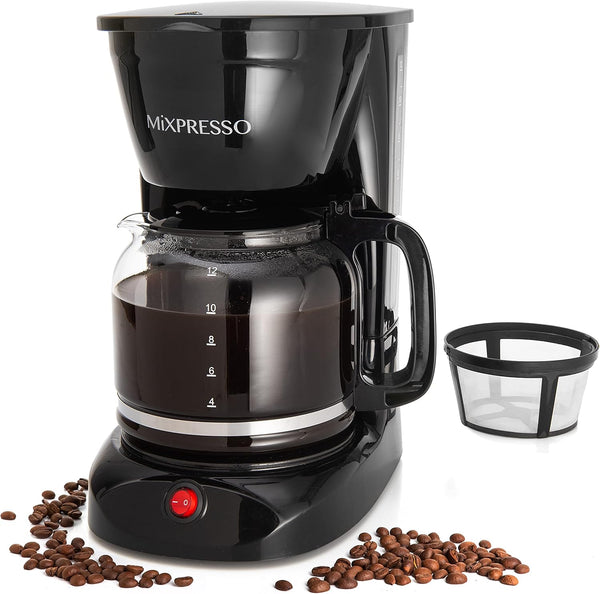 Mixpresso 12 Cup Coffee Pot, Auto-Off & Reusable Filter, Large Drip Coffee Maker with Borosilicate Glass Carafe