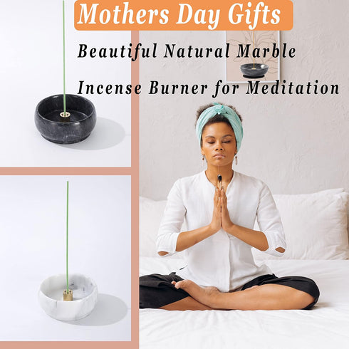 Incense Holder, Brass 9 Holes Incense Burner Ash Catcher for Home Decor, Yoga Spa Meditation (Natural Black Marble)