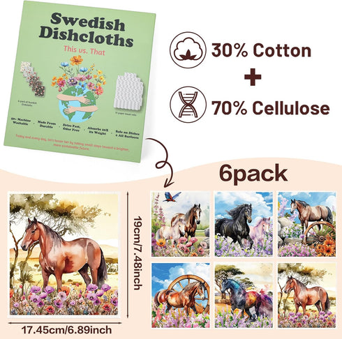 6 Pack Countertop Horses Swedish Dishcloths for Kitchen, Farmhouse Absorbent Dish Cloths for Washing Dishes, Reusable