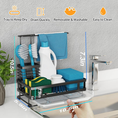 304 Godboat Kitchen Sink Organizer with Brush Rack, Stainless Steel Dish Soap Dispenser, Sponge Holder for Kitchen