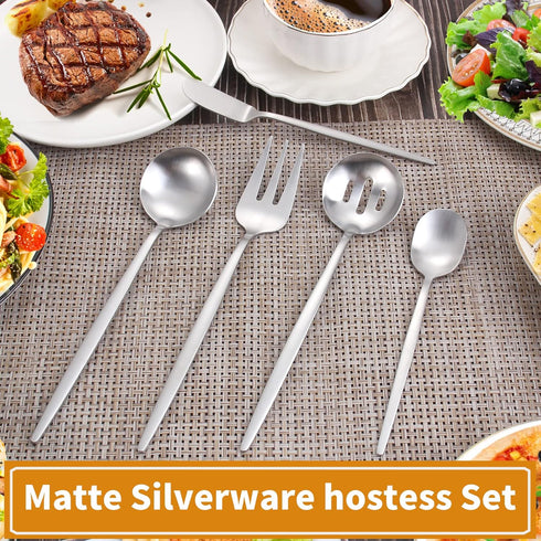Matte Silverware Set, 5-Piece Round Stainless Steel Hostess Flatware Set, Satin Finish, Dishwasher Safe