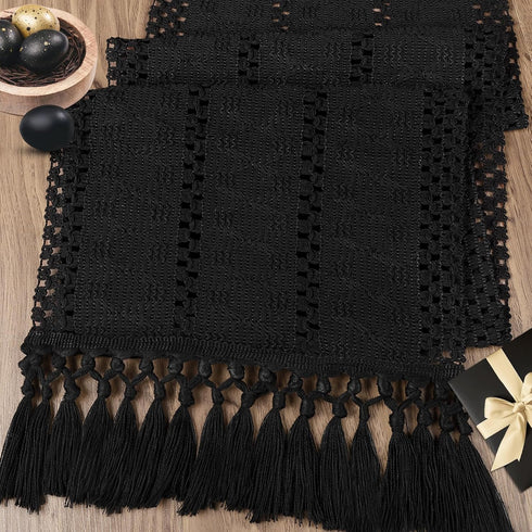 36 Inches, yuboo Black Table Runner Small Boho Macrame Coffee Bar Mat, Modern Farmhouse Dresser Scarf with Tassels