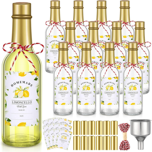 Reallnaive 12 Sets Limoncello Glass Bottles Sets 8 oz Clear Glass Bottles for
