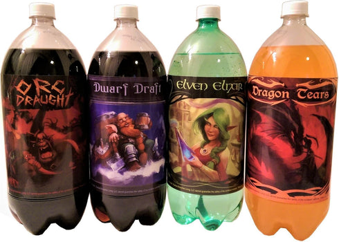 4 Soda Bottle Labels for Fantasy Themed Party - 7" x 6" Sticker Set with Orc, Dwarf, Elf, and Dragon