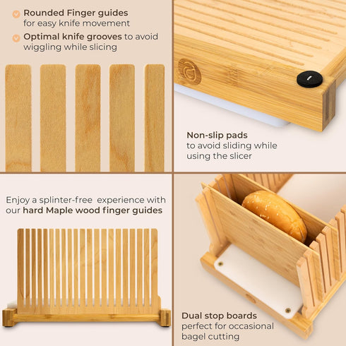 Bread Slicers for Homemade Bread, HDPE Base and Maple Fingers, 4 Thicknesses for Uniform Slices, Foldable Guide