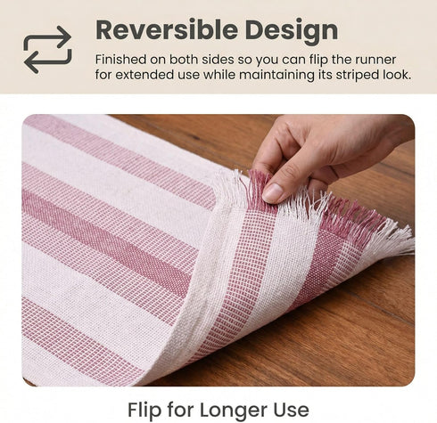 72 Inch Rosey Red Striped Table Runner Long for Dining Table, Console Tables , Entryway Decor - Natural Cotton Tassle /