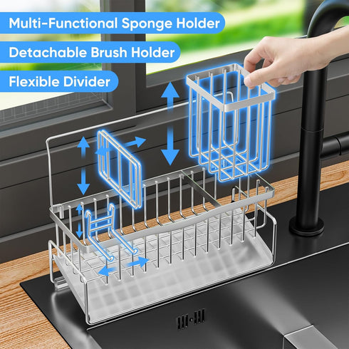 304 Countertop, Sponge Holder for Kitchen Sink Stainless Steel Self-Draining Sink Caddy with Smiley Face Sponge