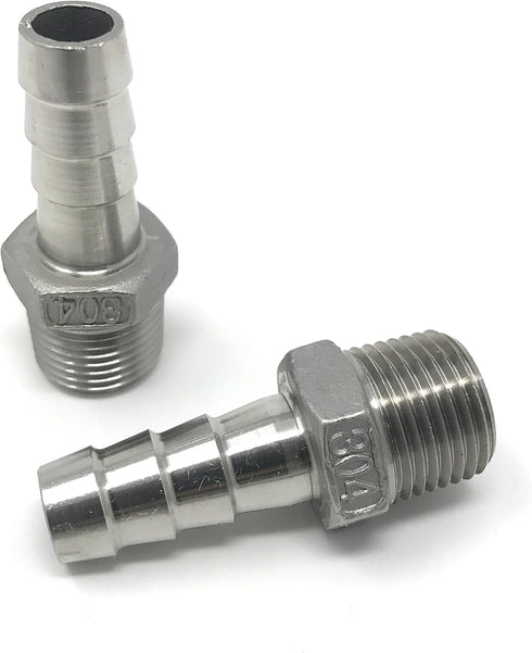 CONCORD 304 Stainless Steel Home Brew Fitting - 1/2" Barb Hose to 1/2" NPT, 2 Pack