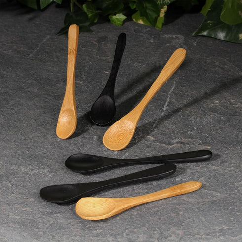 BambooMN Mini Black Serving Spoons, Tiny Wooden Spoons for Spices, 10pcs Black Oval 3.5"