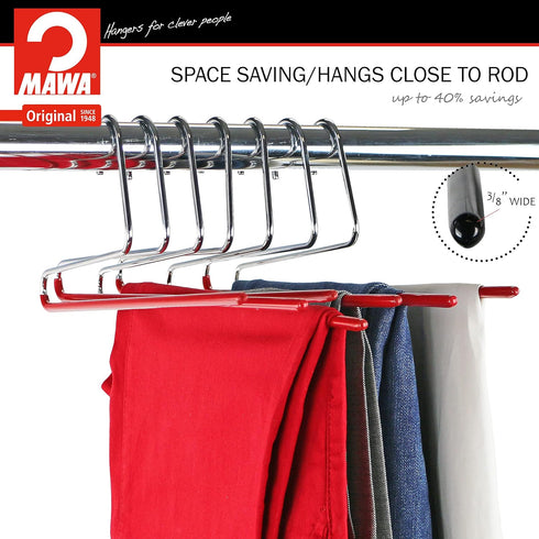 Mawa by Reston Lloyd Non-Slip Space-Saving Clothes Hanger, Reverse Hook Trouser Series with Single Rod for Pants, Red,