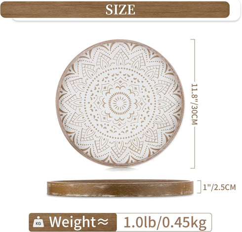 12 Inch Counter Hanobe Decorative Coffee Table Tray: Round Wood Trays for Boho Home Decor Rustic Farmhouse Centerpiece