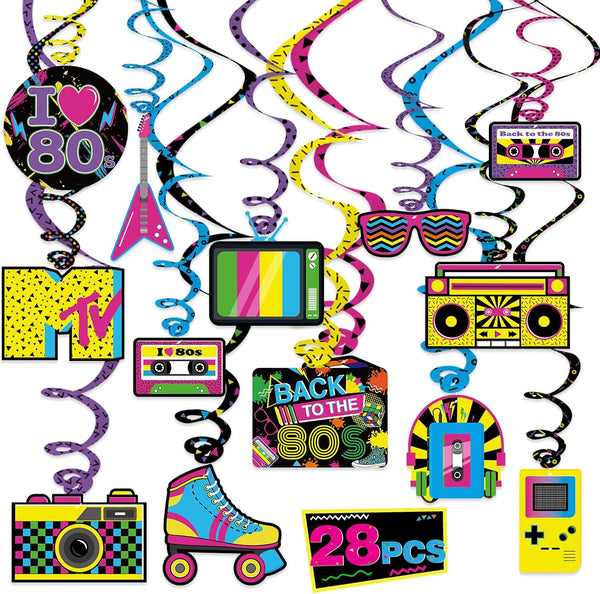 Bessmoso 28PCS 80s Party Decorations – Retro Hanging Swirls & Ceiling Streamers for 1980s Birthday