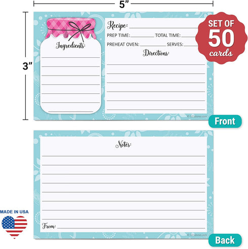 321Done Small 3x5 Recipe Cards (Set of 50) - Mason Jar - Thick Double Sided Premium Card Stock - Made in USA - Rustic Pink and Teal, Notes From