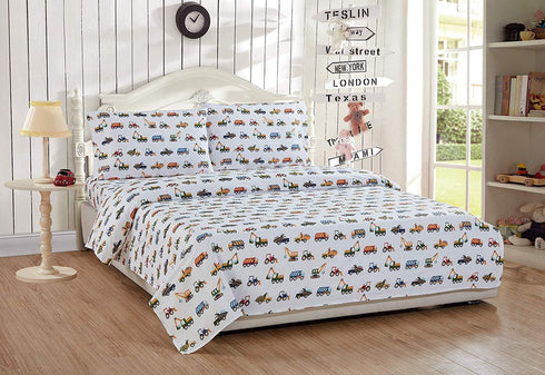 Fancy Linen Set Construction Excavators Dumping Trucks Tractors Light Blue Red Yellow Dark Blue Sheet for Boys/Teens