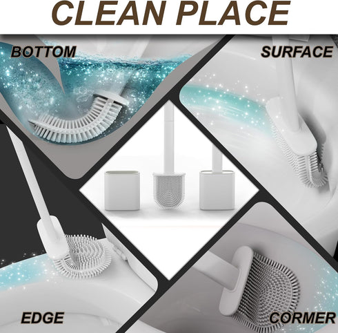 HygieX Pack 2 Set Silicone Toilet Brushes & Holders of Long Non-Slip Handle, Flexible Bristles for Easy Cleaning Modern