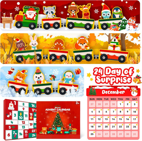 2025 Commodum Set, 24 Countdown Christmas Advent Calendar Gifts for Kids, Magnetic Wooden Animals Train Days Advent