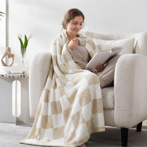 Cozy 50"*70" WRENSONGE Checkered Throw Blanket, Beige Soft Fluffy Warm Hand Made Throw Blankets for Couch, Sofa, Chair