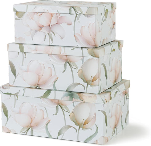 Set of 3 Soul & Lane Decorative Cardboard Storage Boxes - Peonies Paradise, Floral Nesting Boxes with Lids