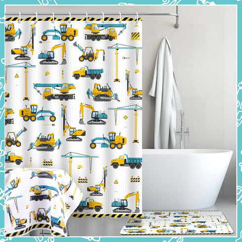 6 Set Sets 2 12 Nuanchu Pcs Construction Shower Curtain with Rug Bathroom with Shower Curtain Bath Mat U Shaped Mat