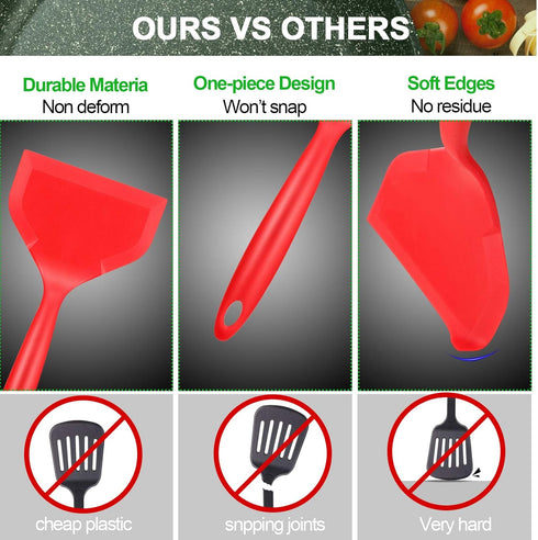 Shappy 2 Pcs Wide Silicone Spatula, Nonstick Fried Shovel Turner for Cookware, Egg Cookie Omelette (Black, Red)