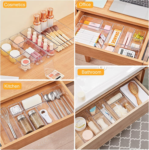 SMARTAKE 28 Piece Drawer Organizers with Non-Slip Silicone Pads, Clear Storage Tray for Makeup, Jewelry, Utensils